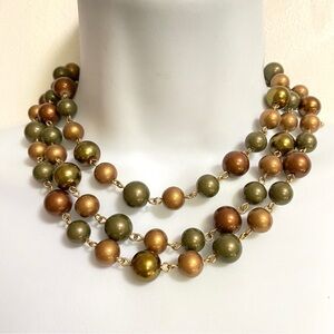 Glass Beads Green Tan Gold Long Necklace Autumn Colors